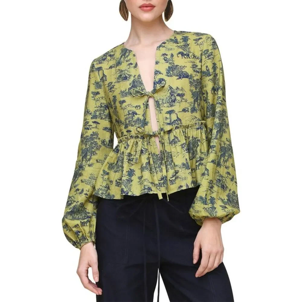Avec Les Filles Womens  Balloon Sleeve Ruffled Shirt